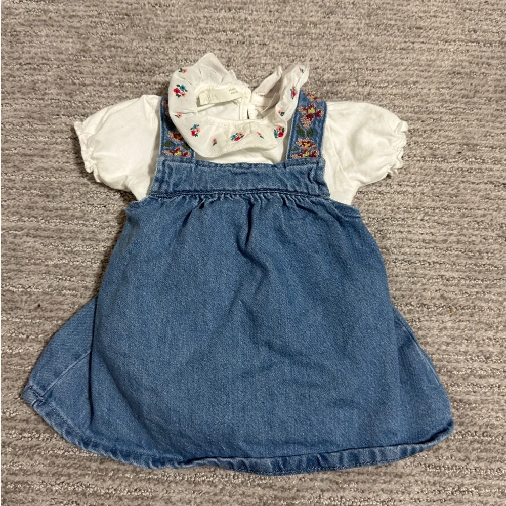 Zara Baby Girl Denim Dress Set 3-6M Floral Collar Shirt Shorts 3 Piece Outfit - Picture 2 of 5